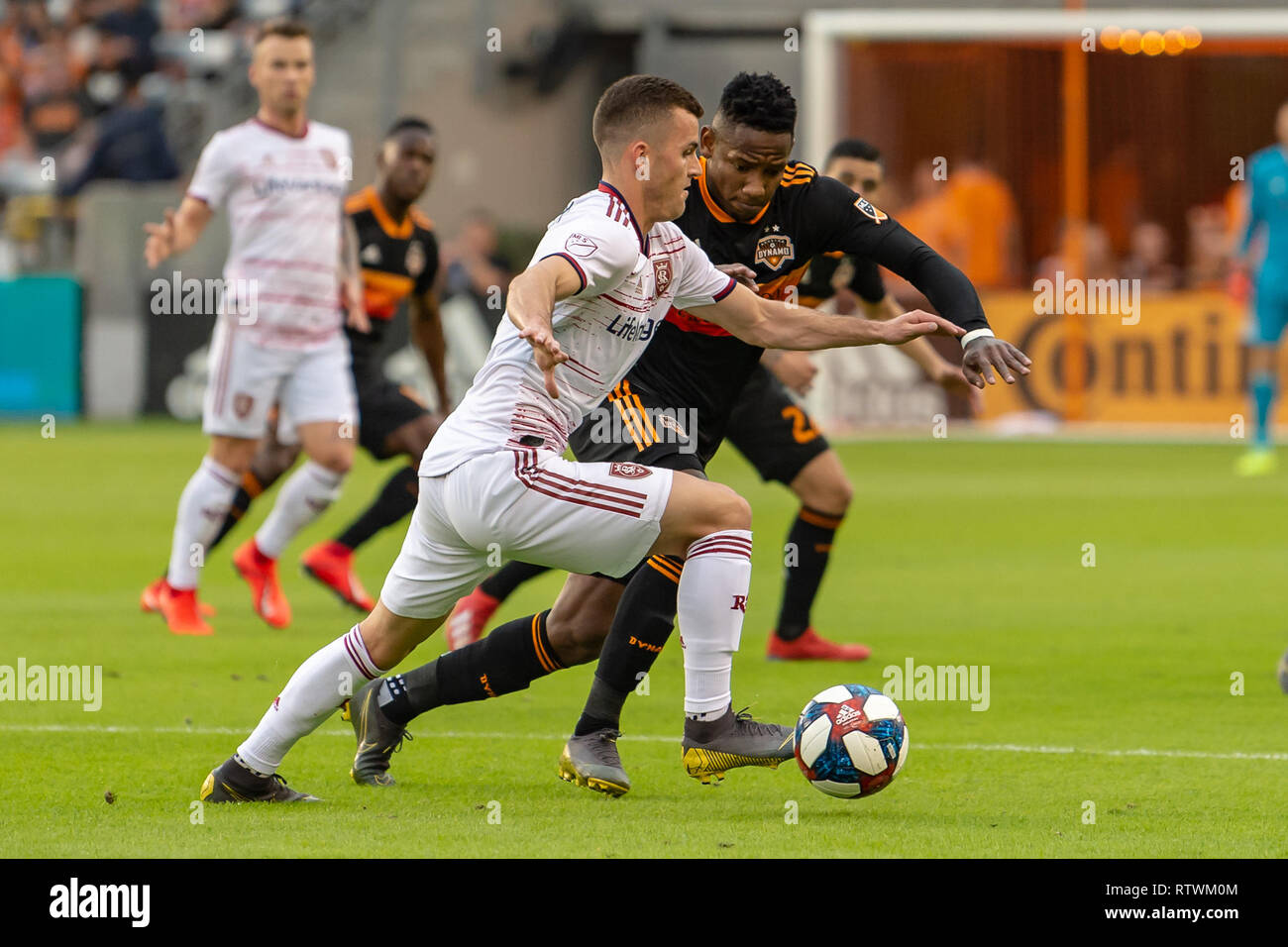 02 marzo 2019: Houston Dynamo avanti Romell Quioto (31) e REAL Salt Lake defender Donnt Toia (4) lotta per la palla durante una partita tra Real Salt Lake e Houston Dynamo BBVA Compass Stadium di Houston Texas Houston Dynamo cravatta con Real Salt Lake1-1 © Maria Lysaker/Cal Sport Media Foto Stock