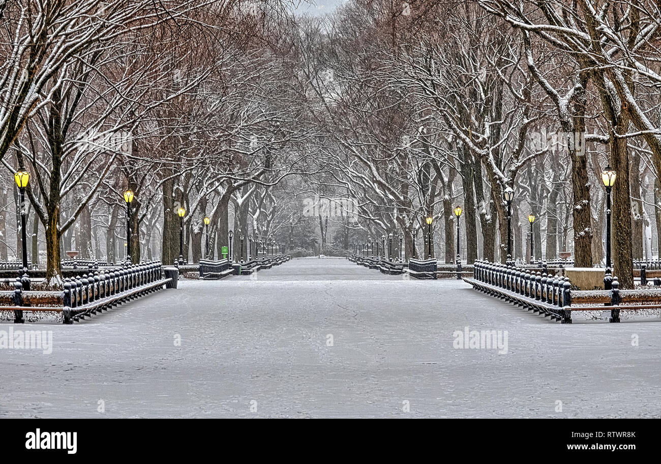 Central Park, Manhattan, New York City in inverno presso il centro commerciale di tempesta di neve Foto Stock