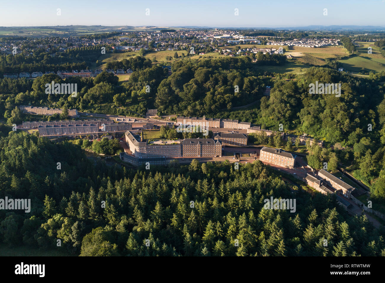 Immagine aerea mostra Sito del Patrimonio mondiale di New Lanark in South Lanarkshire, del sud della Scozia. Foto Stock