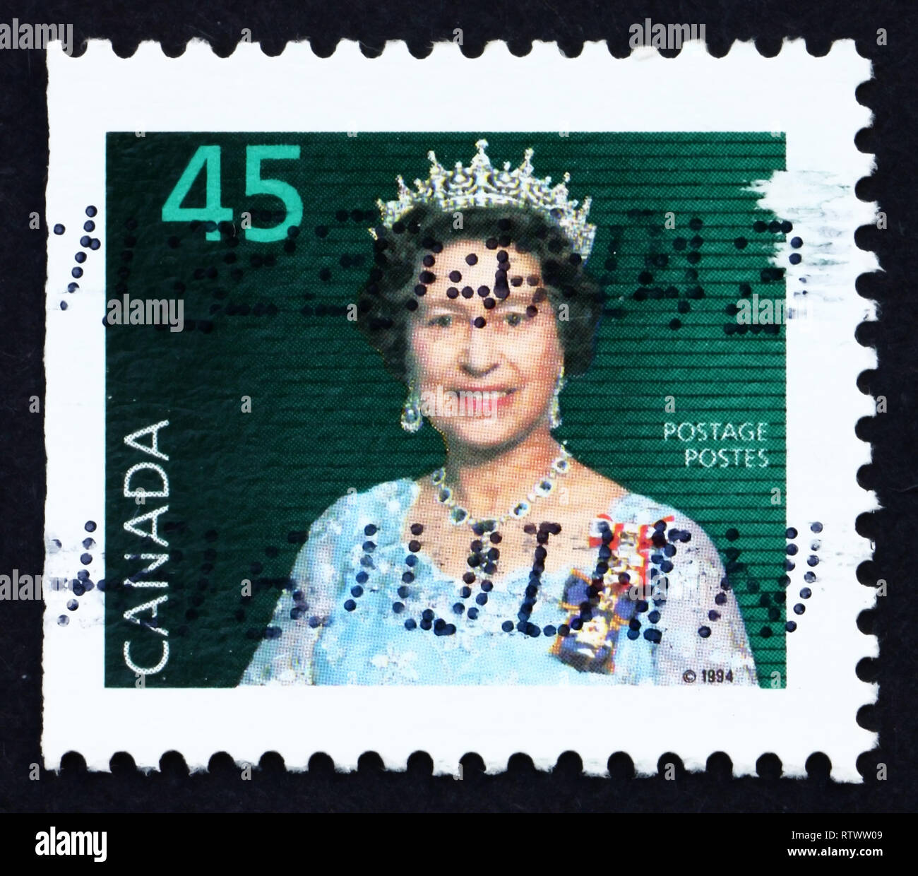 CANADA - circa 1995: un timbro stampato in Canada mostra la regina Elisabetta II, circa 1995 Foto Stock