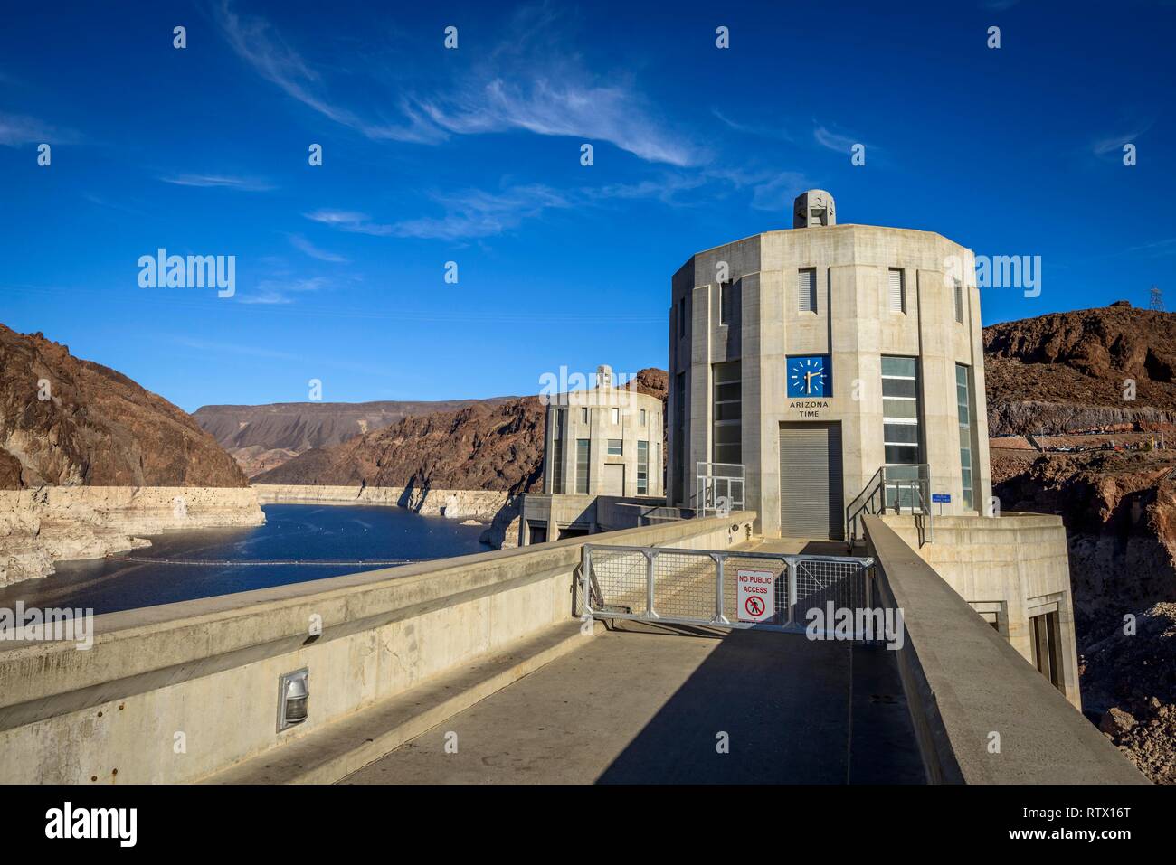 La diga di Hoover, Hoover Dam, dam, vicino a Las Vegas, il Lago Mead, Boulder City, precedentemente Junction City, confine Arizona, Nevada, STATI UNITI D'AMERICA Foto Stock