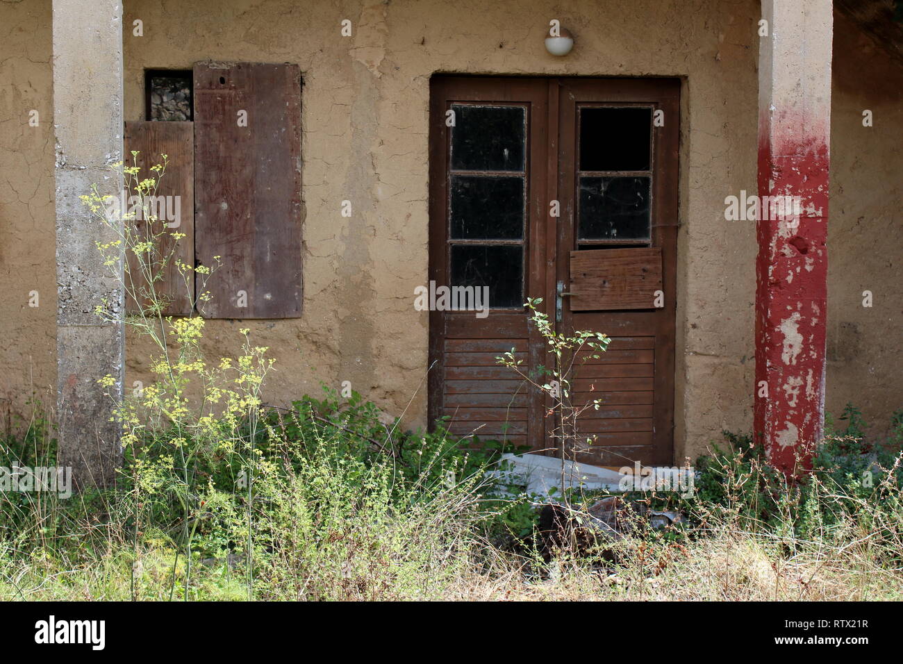 Casa abbandonata ingresso anteriore con finestra imbarcato sulla parete con incrinato fatiscente con facciata ricoperta di erba e altre piante nella parte anteriore Foto Stock