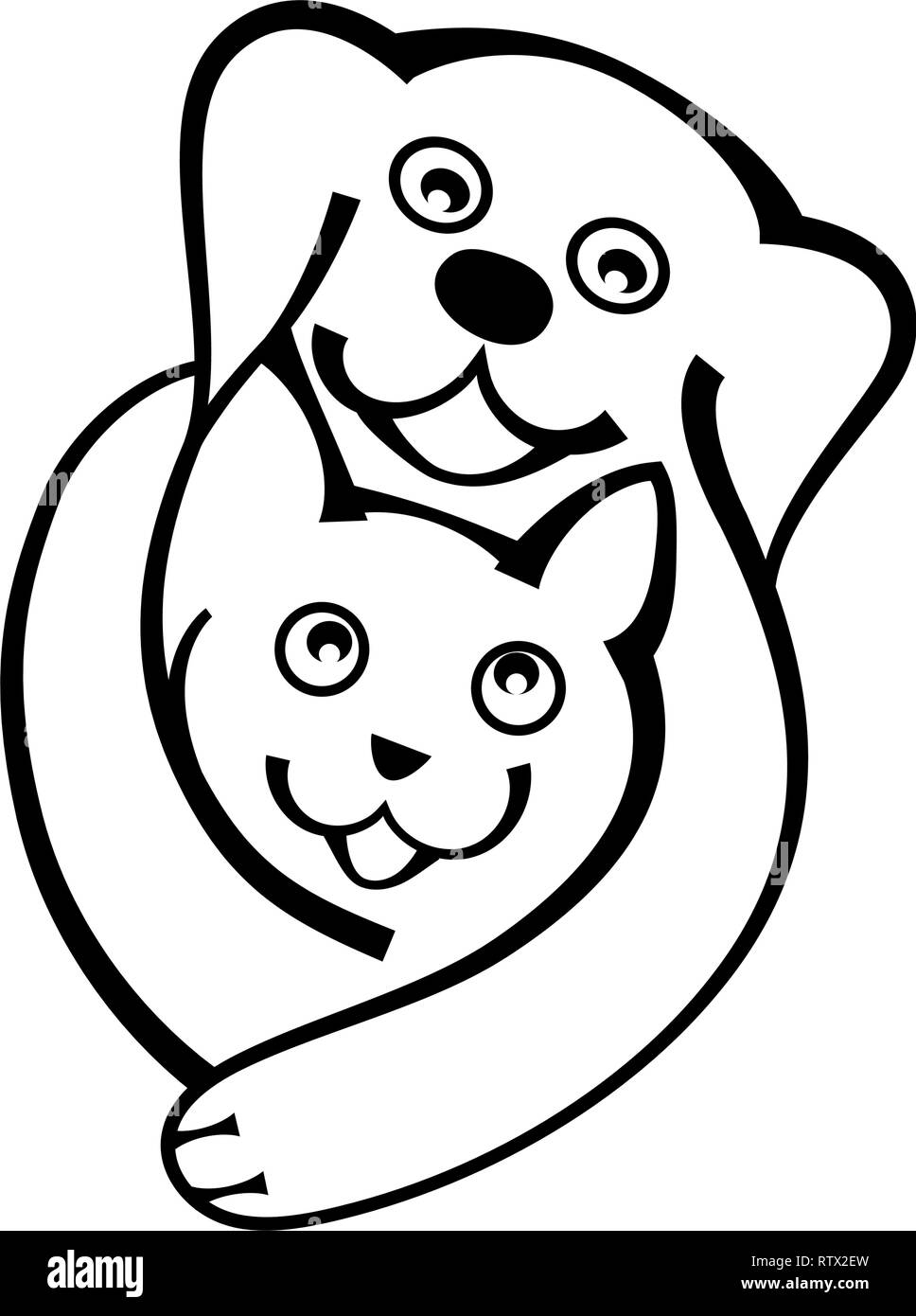 Cane e gatto abbraccio insieme con amore, per amante degli animali, cliniche veterinarie e ricoveri animali senzatetto, logo illustrazione vettoriale su sfondo bianco. Illustrazione Vettoriale
