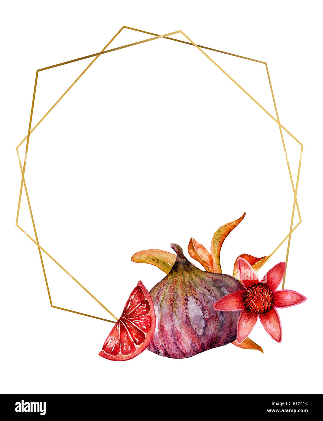 Invito a nozze modello di scheda. Rosa di frutta tropicale e fiori con cornice dorata. Golden segnaposto di testo. Foto Stock Invito a nozze modello di scheda. Rosa di frutta tropicale e fiori con cornice dorata. Golden segnaposto di testo. Foto Stock