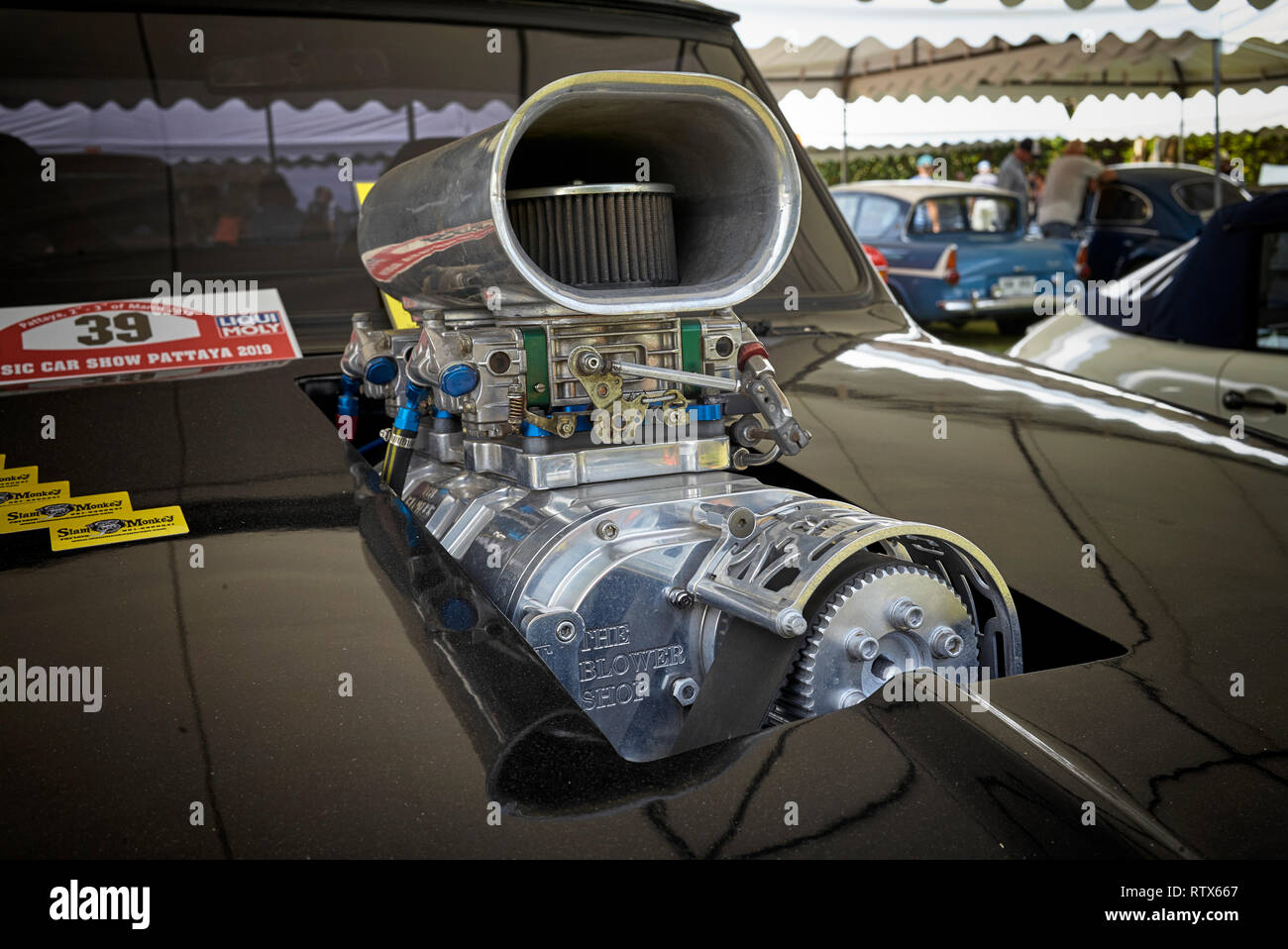 Compressore di dettaglio. Close up della soffiante montata 1960 Chevrolet 7.0 litro Foto Stock