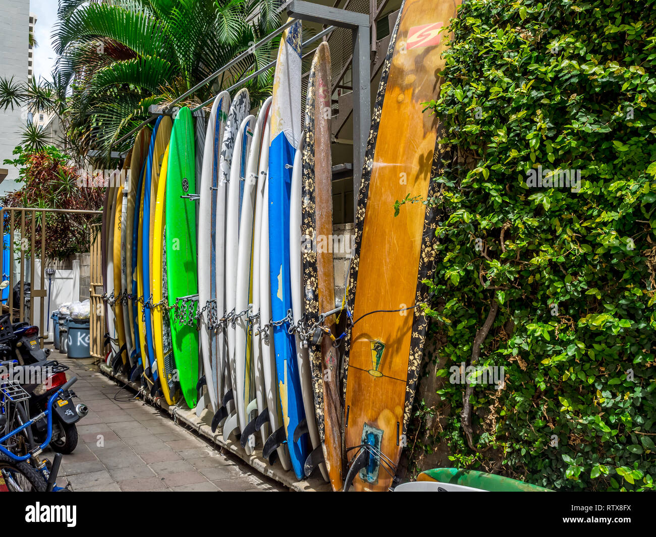 Noleggio di tavole da surf in attesa per i turisti in Waikiki on April 24, 2014 in Oahu. La spiaggia di Waikiki è quartiere fronte mare di Honolulu, meglio conosciuto per la Pentecoste Foto Stock