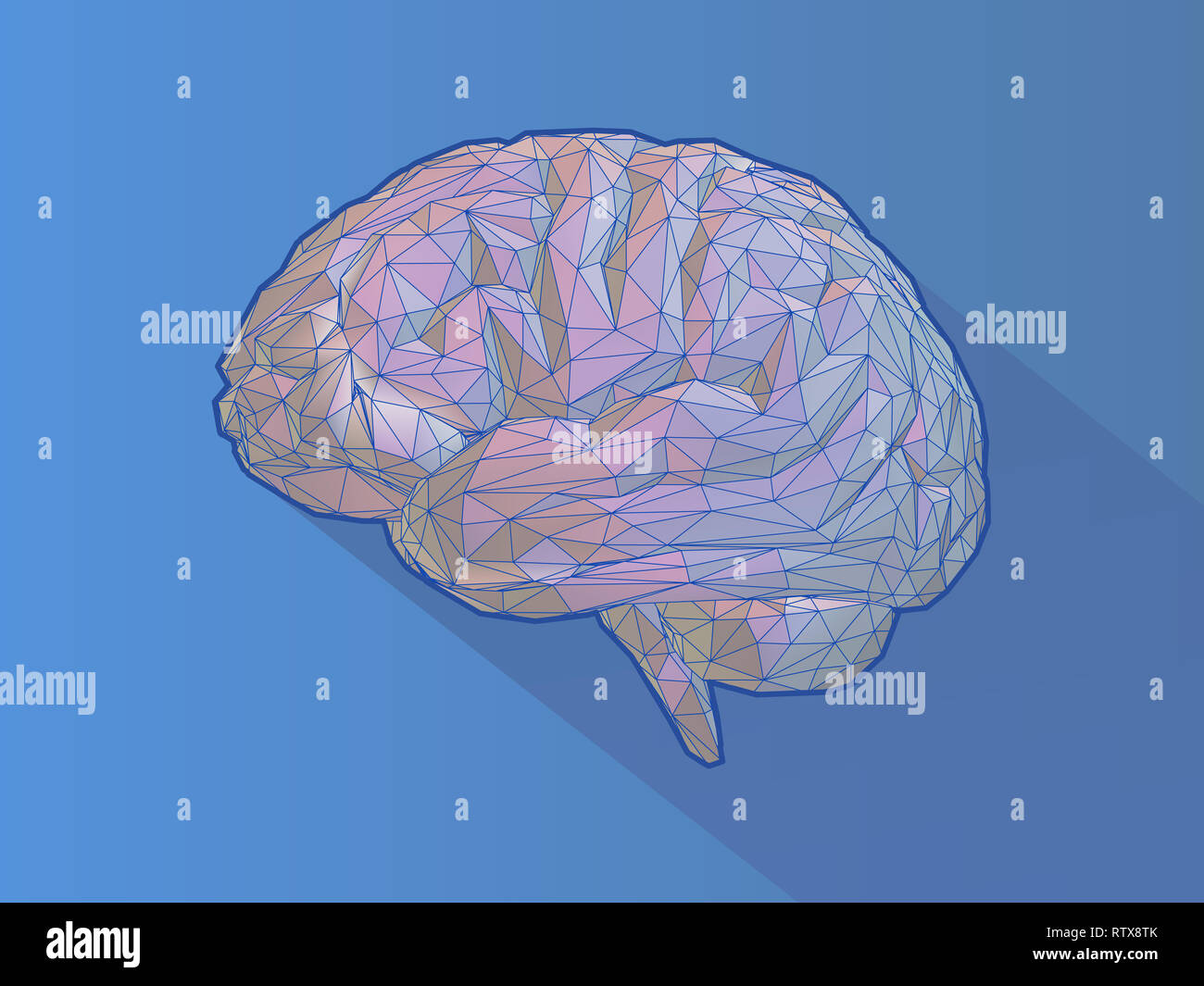 Bassa poli illustrazione del cervello con wireframe isolato su sfondo blu Foto Stock