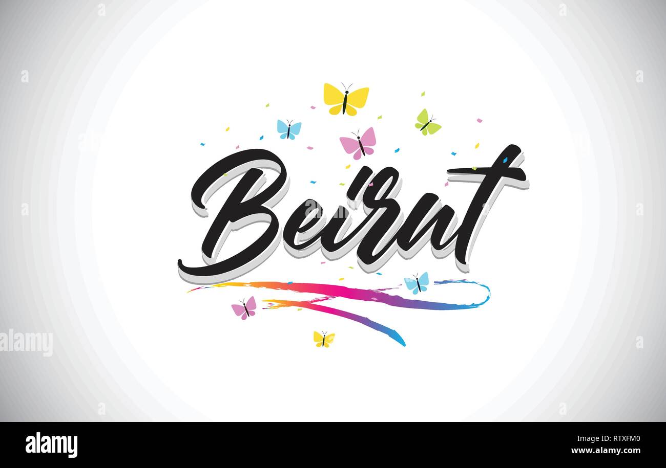 Beirut parola manoscritta del testo con farfalle colorate e Swoosh illustrazione vettoriale Design. Illustrazione Vettoriale