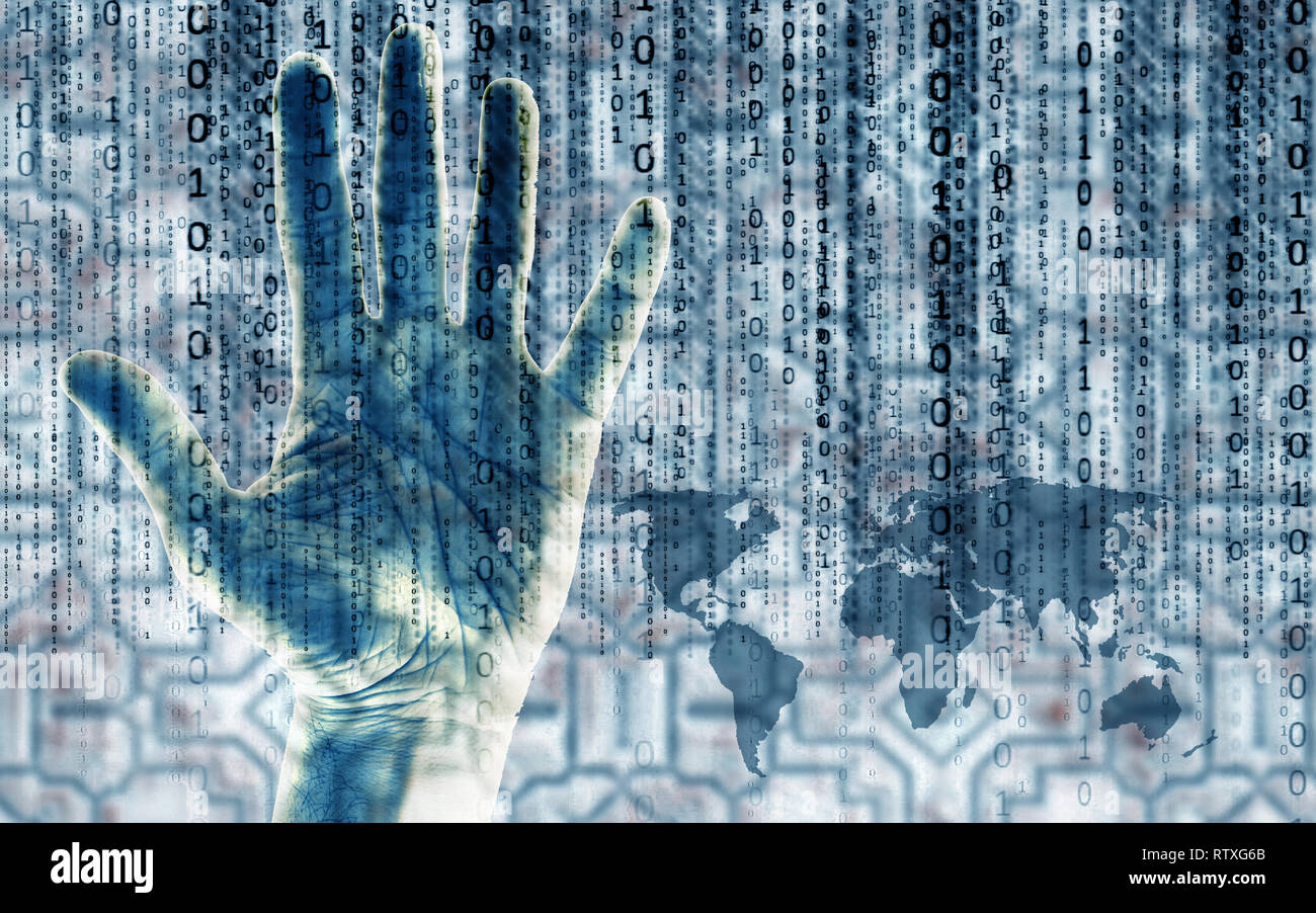 Mano aperta e i dati binari su una mappa del mondo, global network il concetto di sicurezza Foto Stock