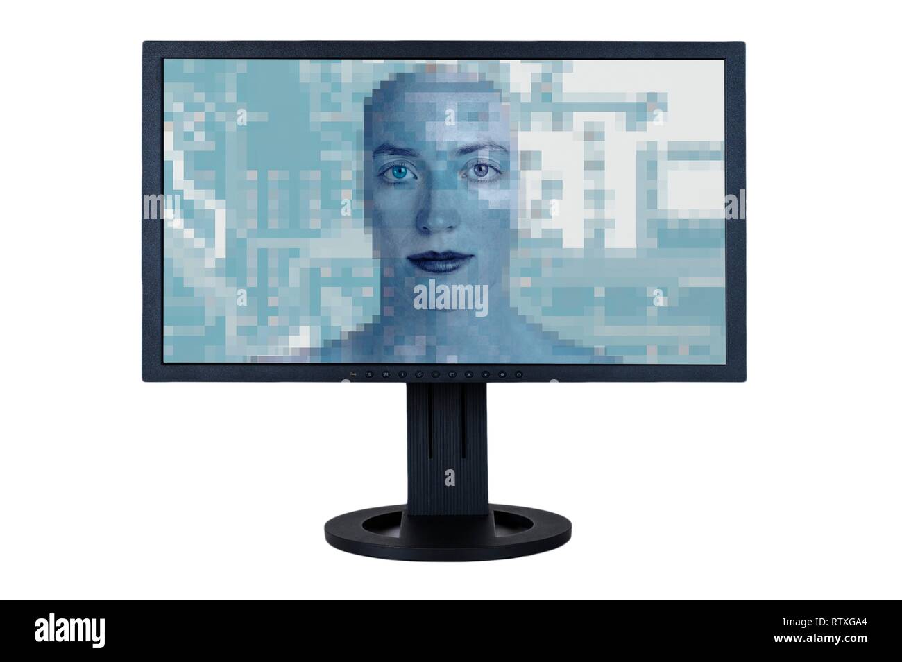 Gli occhi a guardare fuori di schermo di computer con sovrapposta la scheda circuitale. Immagine concettuale della sorveglianza di internet e la sicurezza informatica. Foto Stock