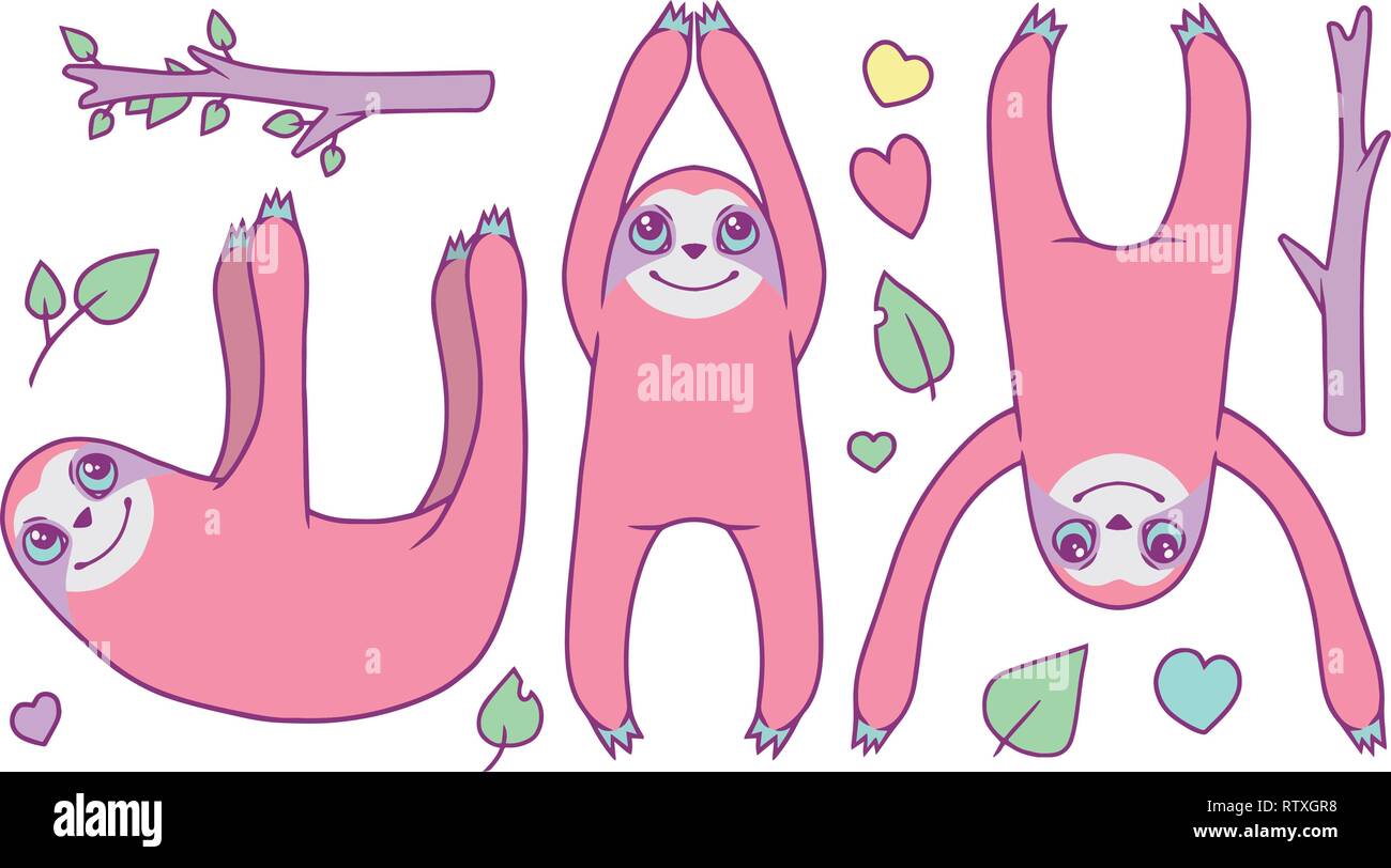Carino vettore collezione set con happy cartoon rosa pastello bradipo animali con foglie e rami di alberi e di cuori Illustrazione Vettoriale
