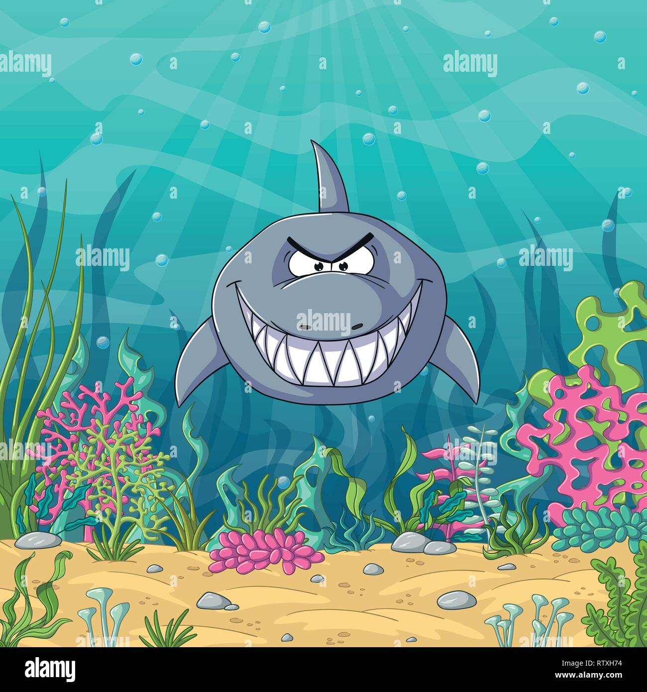 Cartoon shark con unterwater paesaggio con piante Illustrazione Vettoriale