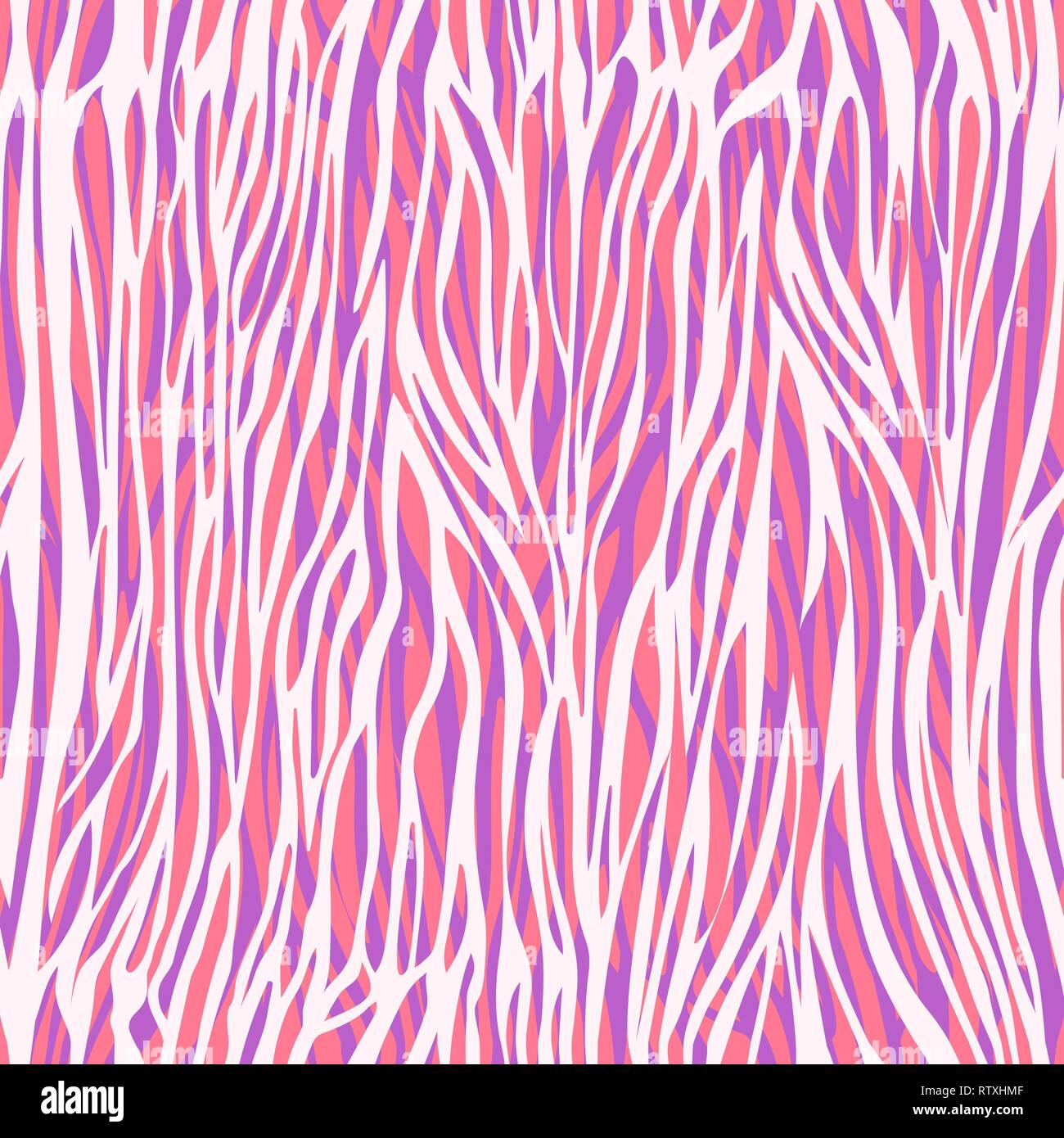 Caotica strisce irregolari astratto modello senza giunture, stampa zebra, ornamento zoomorfi e stilizzata illustrazione moderna. Luminose colorate di bianco rosa viola i Illustrazione Vettoriale