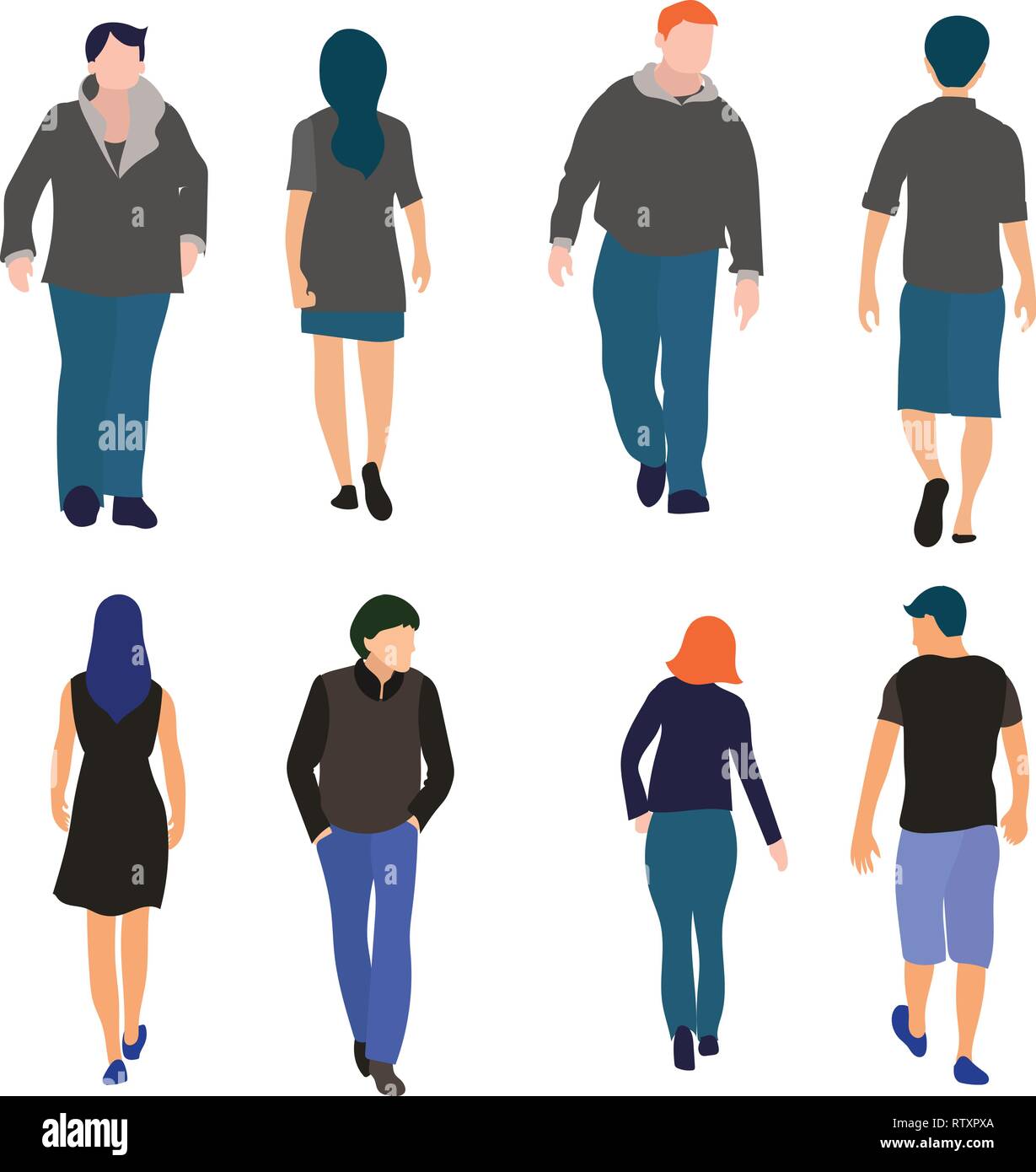 Set di uomini e donne a piedi vista anteriore e posteriore design piatto isolato su sfondo bianco Illustrazione Vettoriale