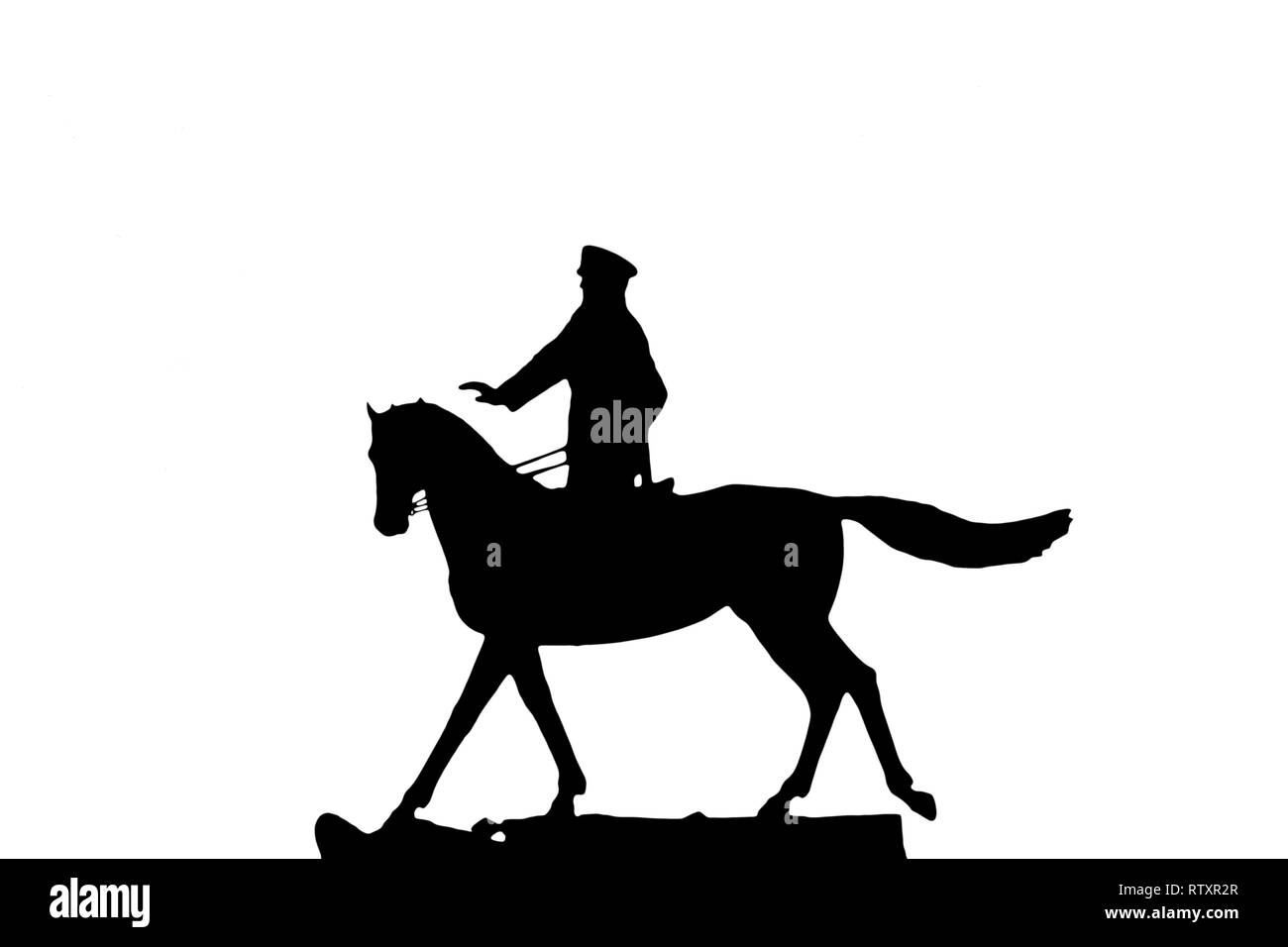 Silhouette di uomo militare , horseman su sfondo bianco, isolato Foto Stock