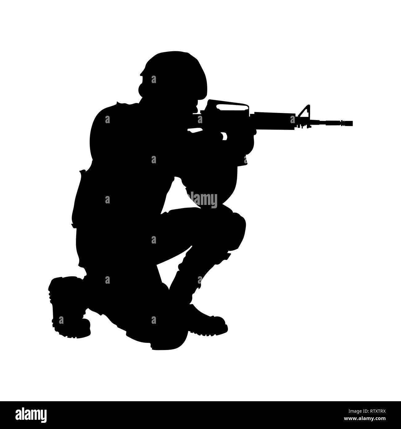 Disegno di Silhouette. Il soldato guarda negli occhi della macchina. Illustrazione Vettoriale