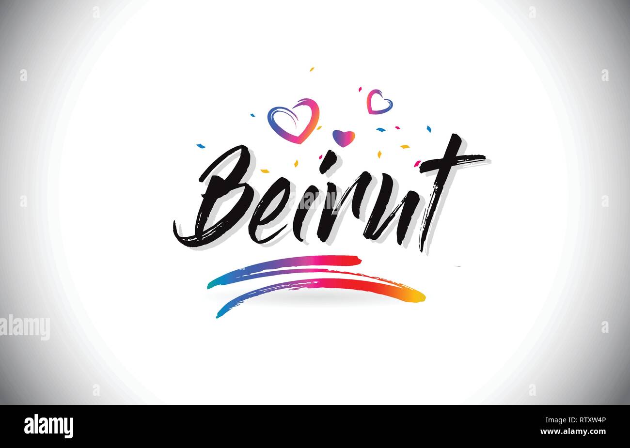 Beirut Benvenuti alla parola del testo con amore i cuori e creativi font manoscritta Design illustrazione vettoriale. Illustrazione Vettoriale