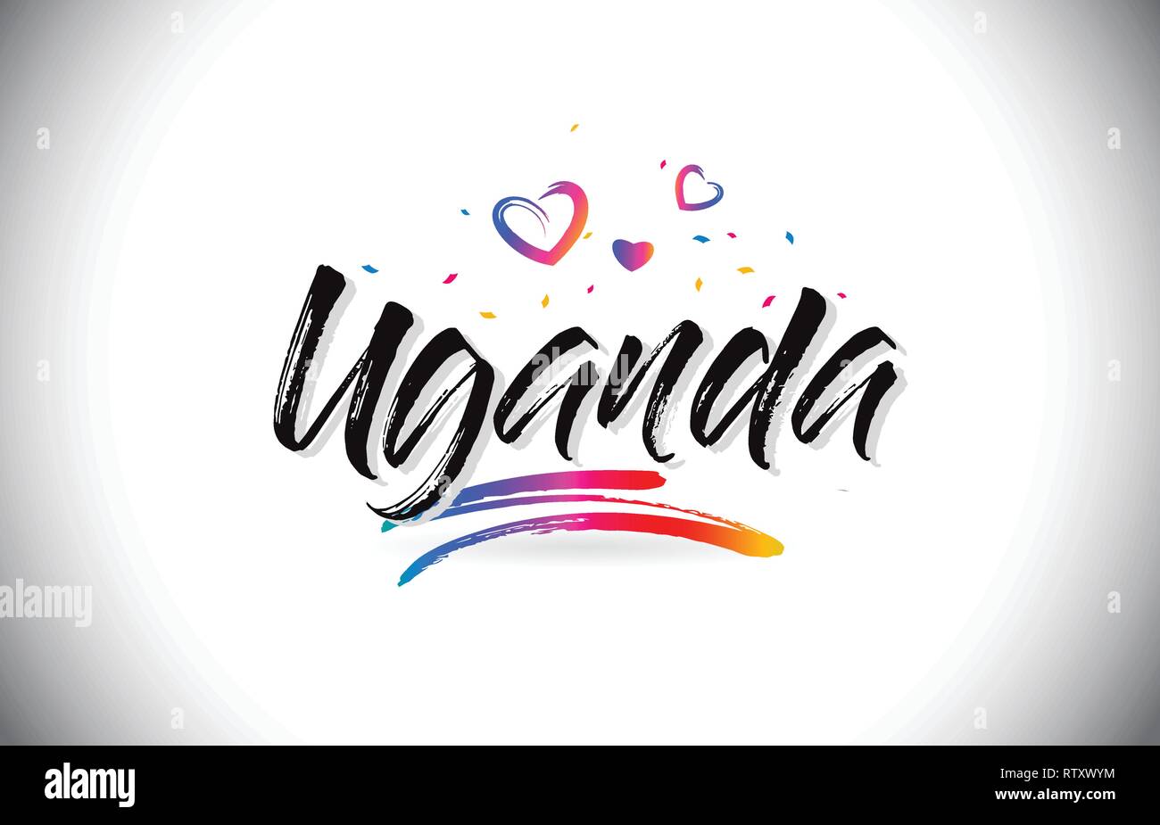 Uganda Benvenuti alla parola del testo con amore i cuori e creativi font manoscritta Design illustrazione vettoriale. Illustrazione Vettoriale