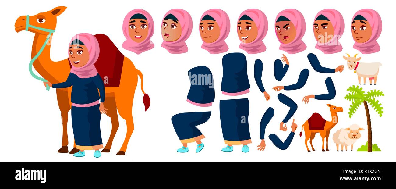Arabo, ragazzina musulmana Kid vettore. Creazione di animazione Set. Affrontare le emozioni, gesti. Attivo, gioia, tempo libero. Il cammello, Palm, capra, pecora. Per la pubblicità Illustrazione Vettoriale
