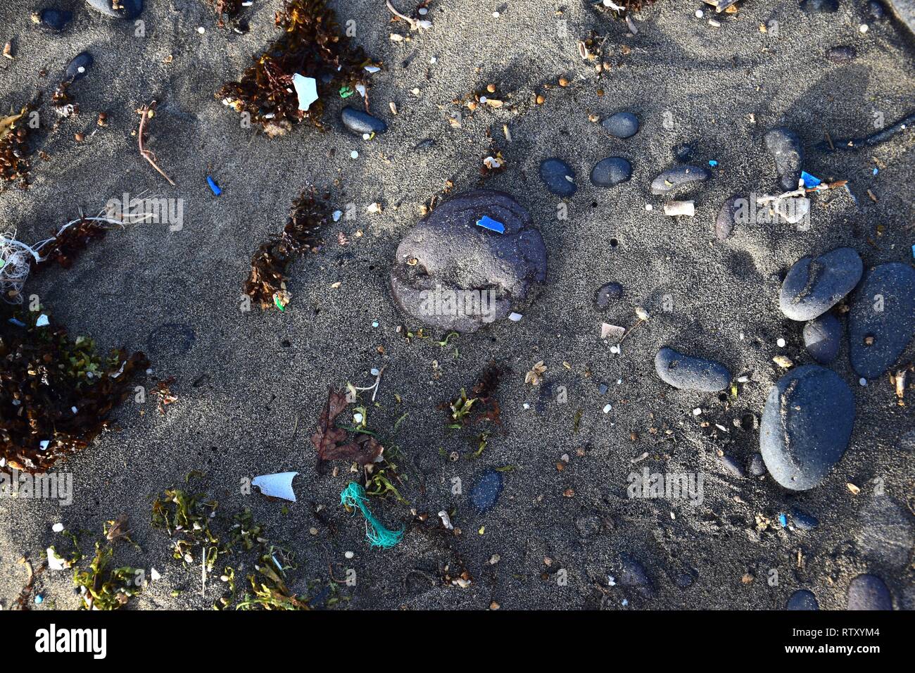 Le piccole parti in plastica e microplastics nella sabbia della spiaggia di Famara, Lanzarote, Spagna. Foto Stock