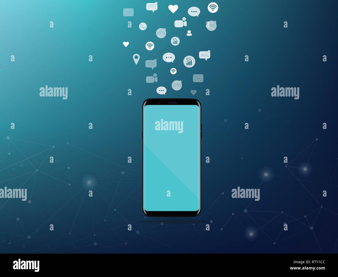 La tecnologia dello smartphone digitale il concetto di rete di comunicazione con icone blu scuro vettore di fondo Illustrazione Vettoriale