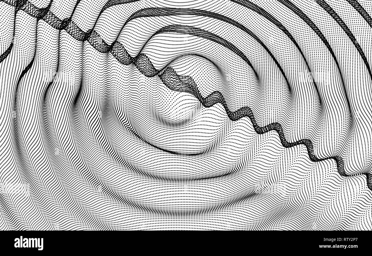 3D sfondo ondulata con effetto Increspatura. Illustrazione Vettoriale con particelle. 3D la superficie della griglia. Illustrazione Vettoriale