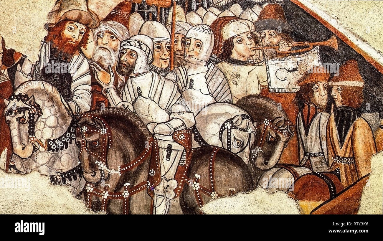 Italia Piemonte Niella Tanaro - Parrocchiale Maria vergine assunta - dettaglio dei cavalieri in un affresco che rappresenta la Crocefissione Foto Stock