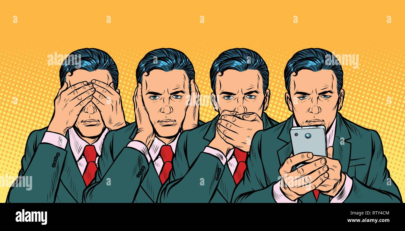 Non vedere dire guardare, smartphone concetto di comunicazione. La Pop art retrò illustrazione vettoriale kitsch vintage 50s 60s Illustrazione Vettoriale