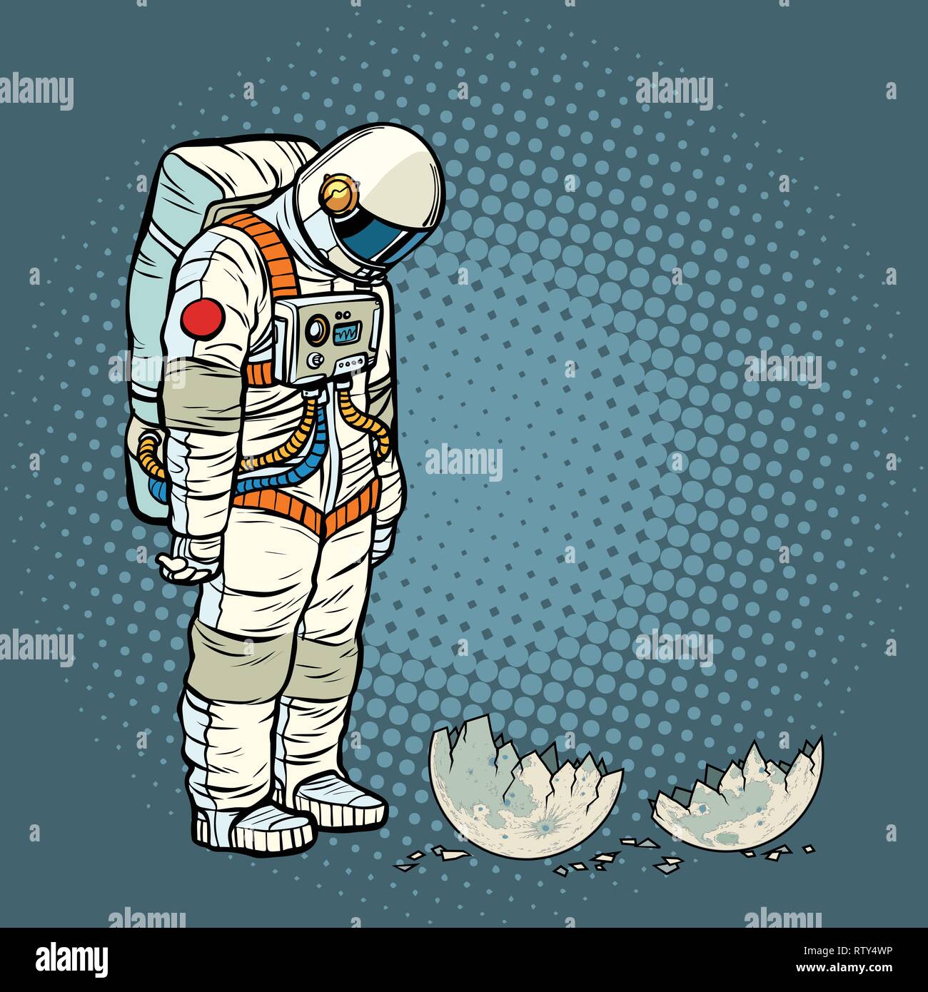 Colpevole astronauta guarda la luna in rovina. La Pop art retrò illustrazione vettoriale kitsch vintage Illustrazione Vettoriale