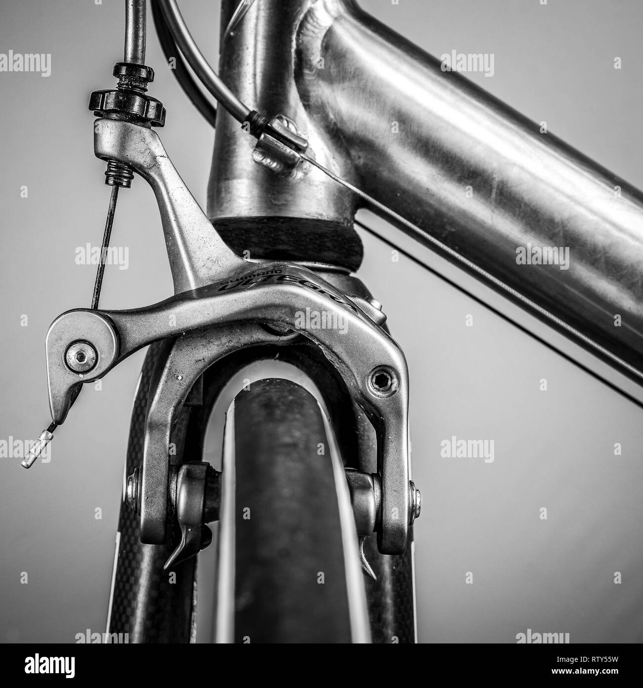 Frammento di un telaio e parti di una bici da corsa. Il telaio è realizzato in titanio e vi sono numerosi dettagli da vedere; qui è la ruota e le pastiglie dei freni Foto Stock