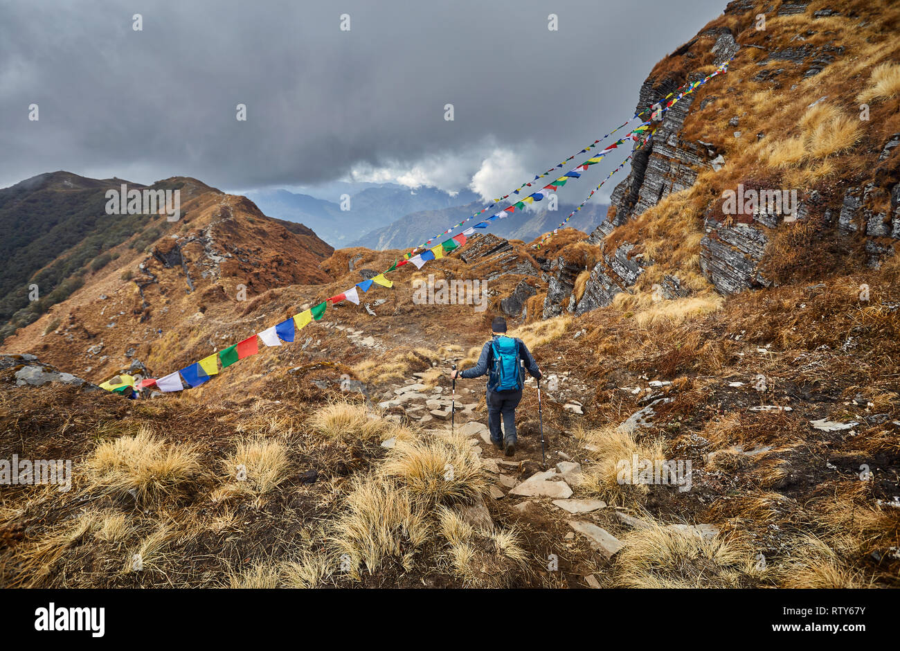 Uomo con zaino sul sentiero del Mardi Himal Treck dell Himalaya in Nepal Foto Stock