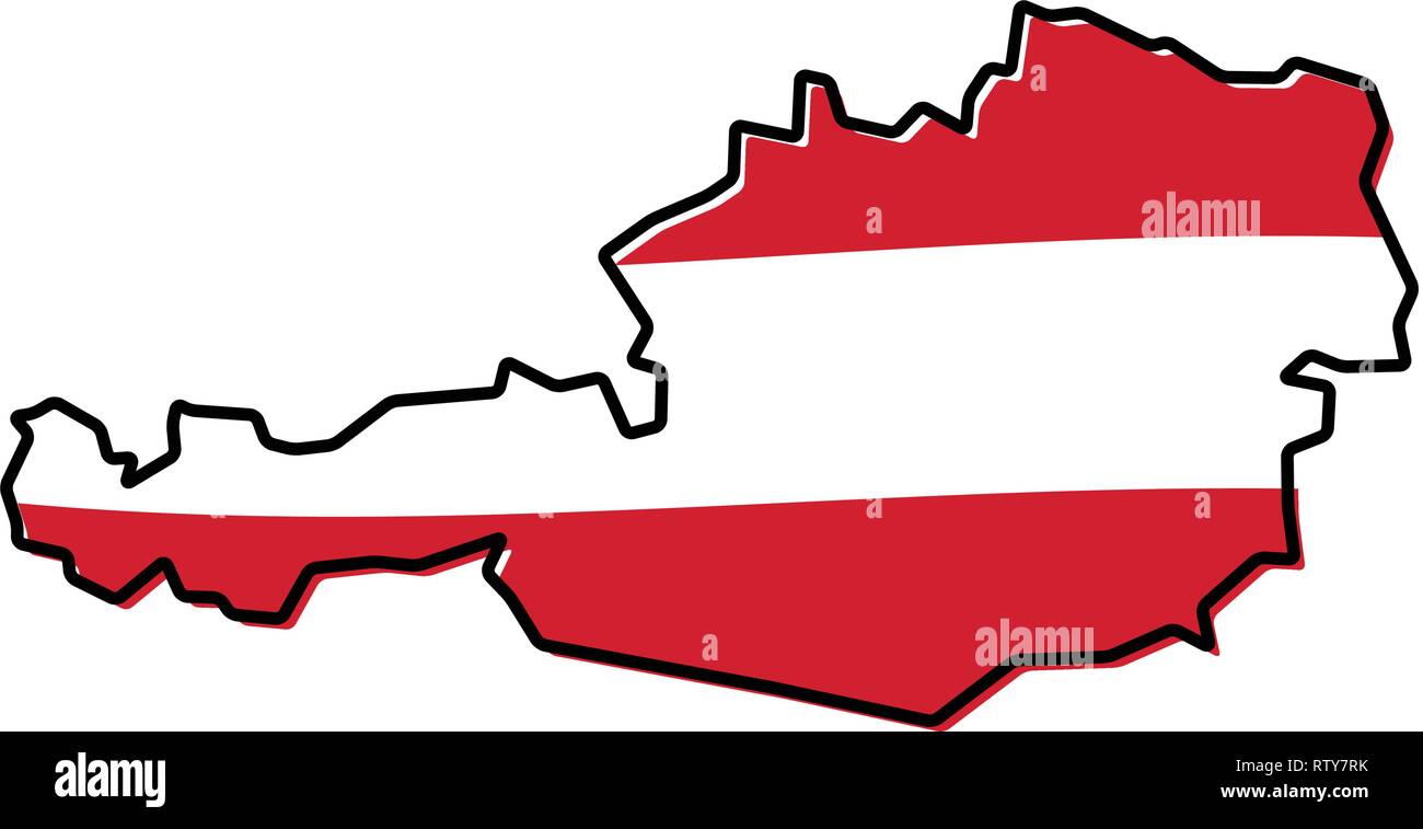Mappa semplificata di Austria del contorno con leggermente piegate bandiera al di sotto di esso. Illustrazione Vettoriale