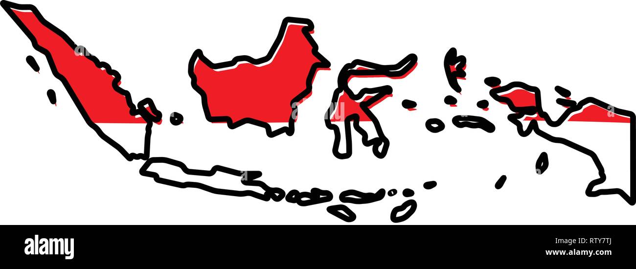 Mappa semplificata di Indonesia contorno, con leggermente piegate bandiera al di sotto di esso. Illustrazione Vettoriale