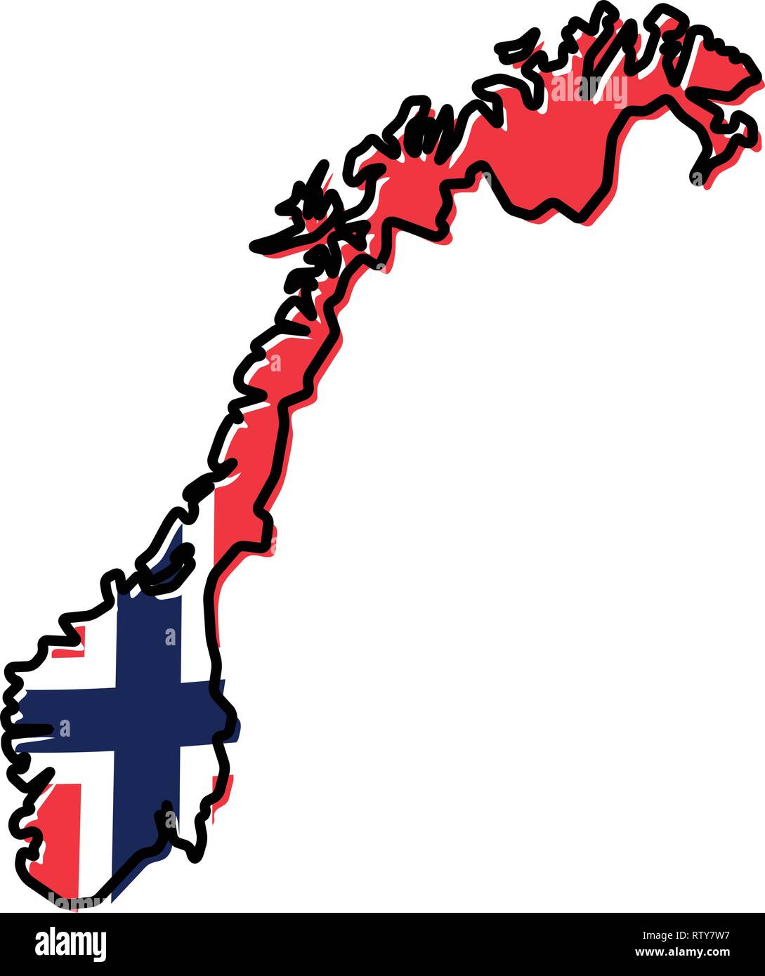 Mappa semplificata di Norvegia del contorno con leggermente piegate bandiera al di sotto di esso. Illustrazione Vettoriale