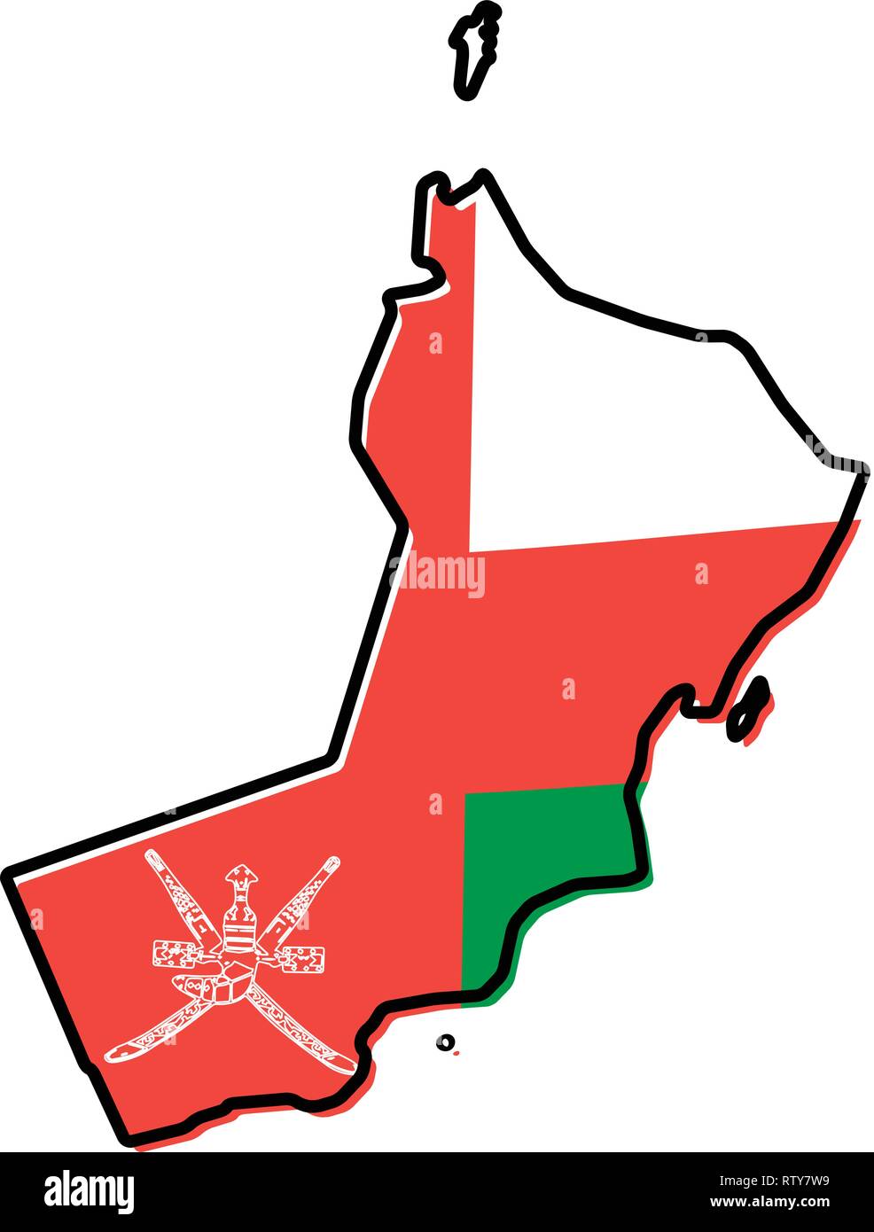 Mappa semplificata di Oman contorno, con leggermente piegate bandiera al di sotto di esso. Illustrazione Vettoriale