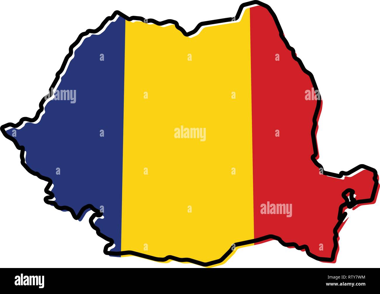 Mappa semplificata di Romania delineano, con leggermente piegate bandiera al di sotto di esso. Illustrazione Vettoriale