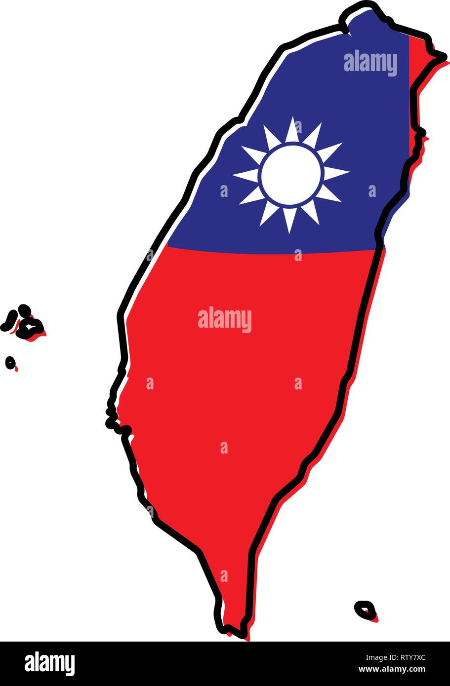 Mappa semplificata di Taiwan (Cina) regione di contorno, con leggermente piegate bandiera al di sotto di esso. Illustrazione Vettoriale