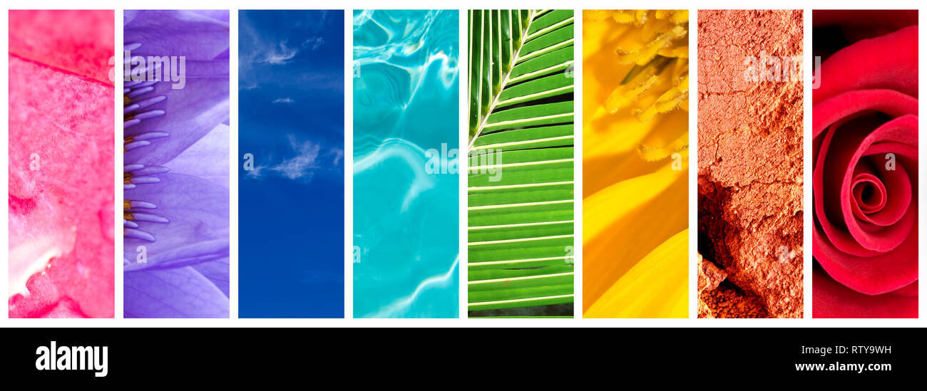 Rainbow naturale gradazione collage panoramico, colori Arcobaleno nel concetto di natura Foto Stock