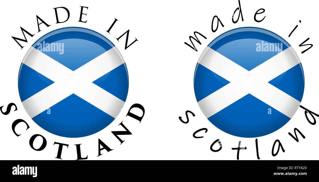 Semplice realizzato in Scozia 3D pulsante segno. Il testo intorno a cerchio con bandiera scozzese. Decente e casual versione del font. Illustrazione Vettoriale