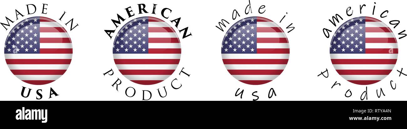 Semplice Made in USA / prodotto americano 3D pulsante segno. Il testo intorno a cerchio con noi bandiera. Decente e casual versione del font. Illustrazione Vettoriale