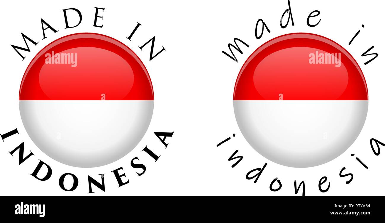 Semplice realizzato in Indonesia 3D pulsante segno. Il testo intorno a cerchio con bandiera indonesiana. Decente e casual versione del font. Illustrazione Vettoriale