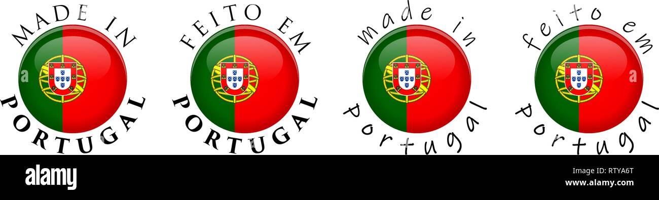 Semplice realizzato in Portogallo / traduzione Portoghese 3D pulsante segno. Il testo intorno a cerchio con bandiera nazionale. Decente e casual versione del font. Illustrazione Vettoriale
