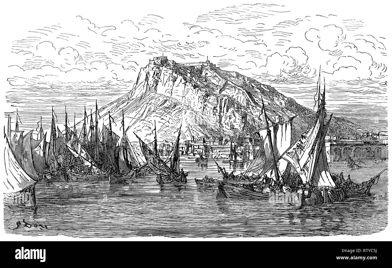 1880 incisione vintage del porto di Alicante in Spagna, mostrando il porto e il Castello di Santa Bárbara sul monte Benacantil. Incisi da Gustave Doré. Foto Stock