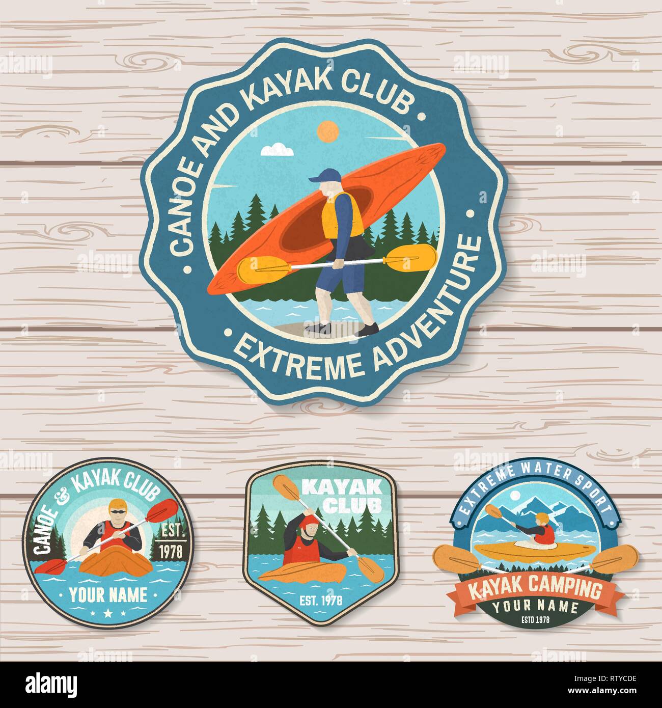 Set di canoa e kayak club badges vettore. Concetto per la patch, maglietta, stampare il timbro o il raccordo a t. Design vintage con la montagna, il fiume, bosco e silhouette di kayaker. Extreme sport d'acqua le patch in kayak Illustrazione Vettoriale