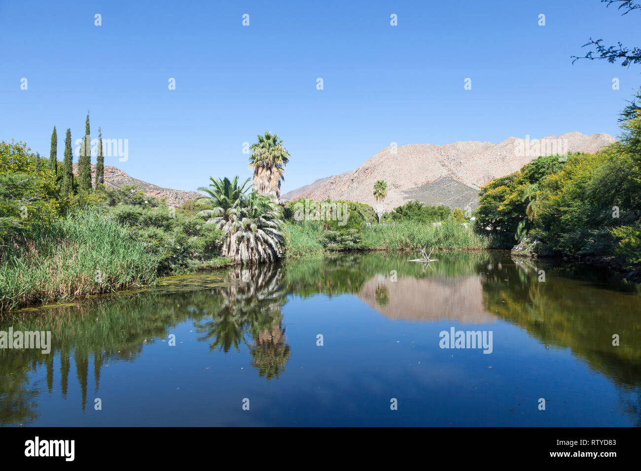 Il Leidam o Leiwaterdam (diga di irrigazione) Montagu, Western Cape, Sud Africa un naturale Bird Sanctuary proprio nel centro della città, la mattina presto la riflessione Foto Stock
