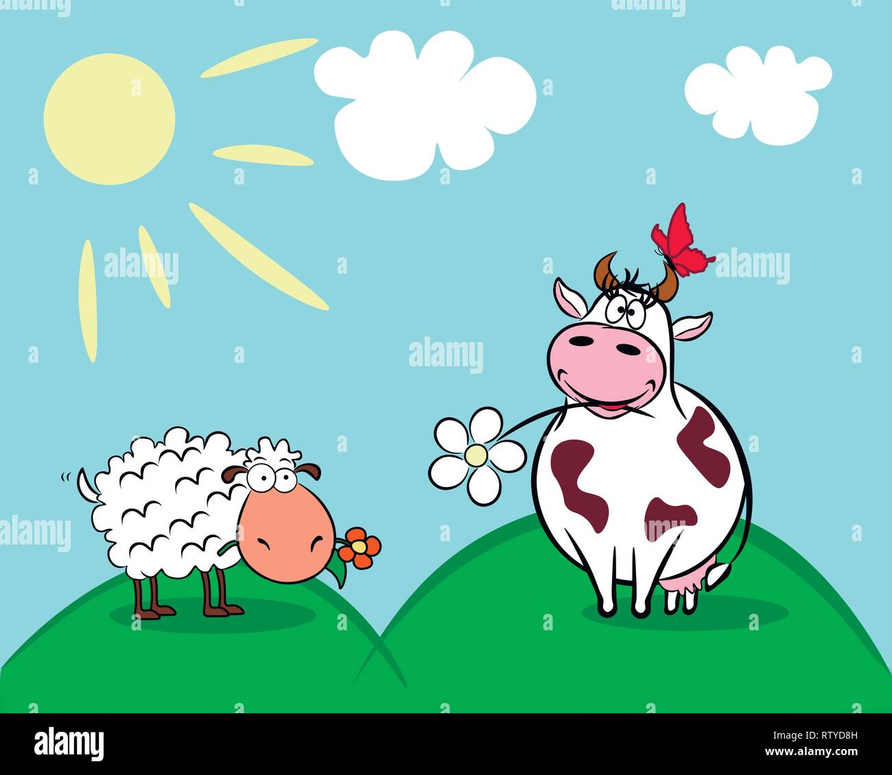 Una vacca e una di pecore pascolano sul prato assolato. Illustrazione Vettoriale
