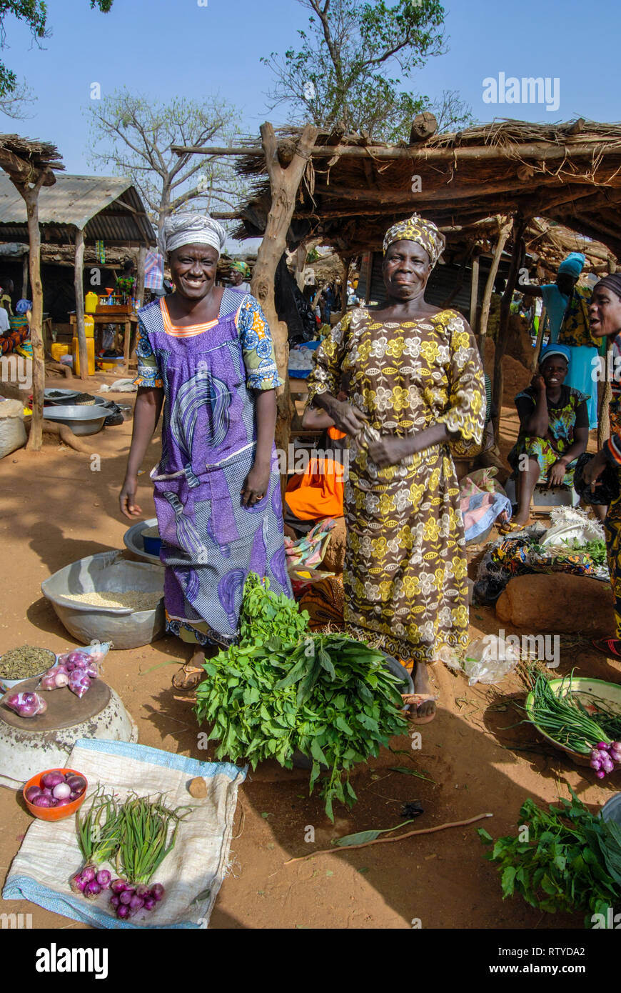 Una bella foto di due bellissime donne ghanesi che indossa gli abiti tradizionali vendono spezie e verdure presso il locale mercato fresco in Kongo village. Foto Stock