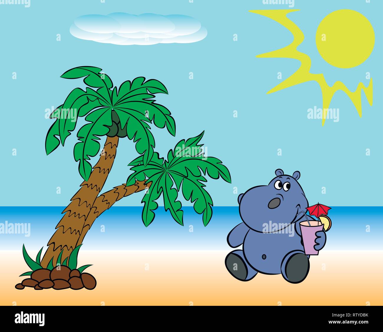 Sulla spiaggia con palme, un ippopotamo beve un cocktail con Orange. Illustrazione Vettoriale