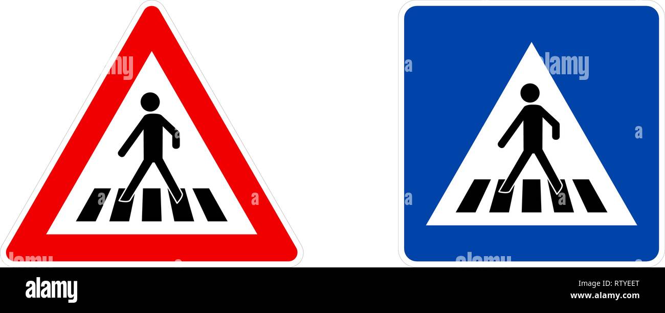 Attraversamento pedonale il simbolo di avvertimento (triangolo rosso) e informazioni (quadrato blu) versione. Illustrazione Vettoriale