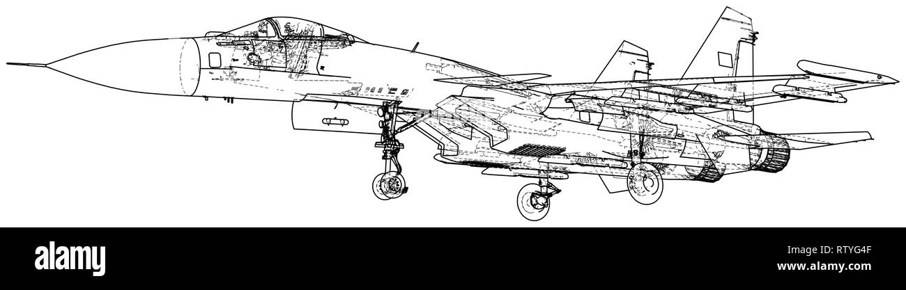Il russo jet fighter aircraft. Filo di vettore-concetto di frame. Creato illustrazione del 3d Illustrazione Vettoriale